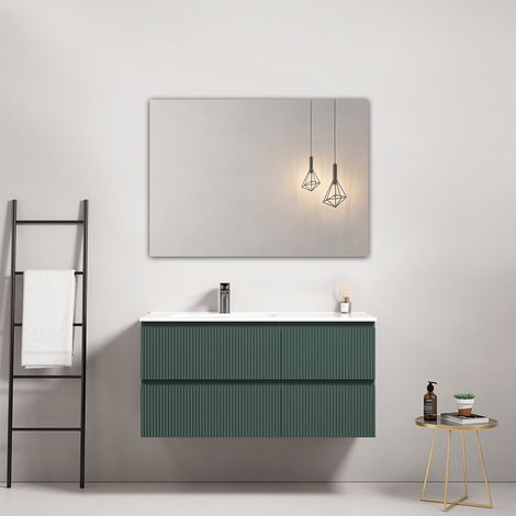 Mobile bagno sospeso cannettato 100 cm Verde Comodoro Lavabo a Sinistra in Ceramica Specchio Quadro - Fiji Paint