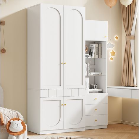 Armoire et meuble de rangement en MDF blanc, ensemble gain de place avec penderie, tiroirs et étagères, 80x50x200 cm + 50x40x180 cm (1/5)