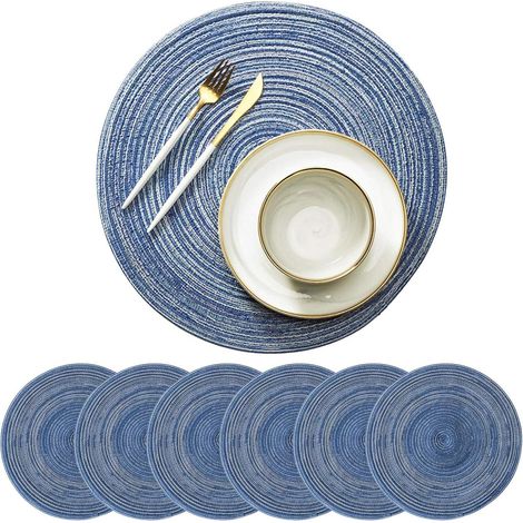 Ensemble de 6 sets de table ronds en tissu pour salle à manger, résistants à la chaleur et lavables, design tressé bohème pour tables rustiques (14,1 pouces). (1/5)