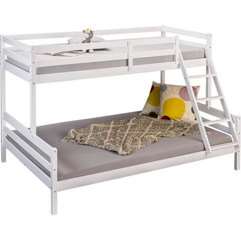 Lit superposé en bois massif avec 2 sommiers à lattes, coloris blanc - Longueur 209 x Profondeur 153 x Hauteur 144 cm (1/5)