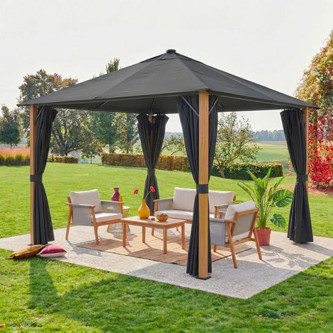 Tonnelle 3x3m aluminium effet bois avec rideaux et led anthracite - Veluna (1/5)