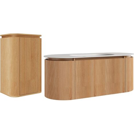 Meuble de salle de bain suspendu strié en bois de frêne avec vasque à encastrer et colonne – Naturel clair - 120 cm - LILIKO (1/3)