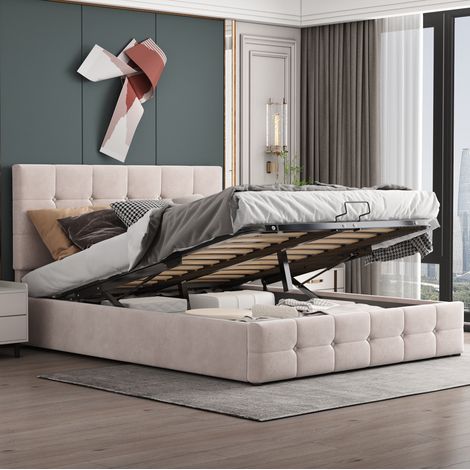 Bett Mit Bettkasten 140x200 cm Mit Hochklappbarem Lattenrost, Cremefarbener Veloursstoff (1/5)