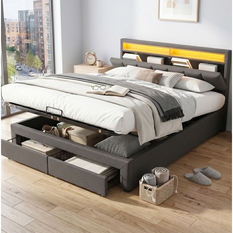 Polsterbett 180x200 cm Leinen Grau mit LED und Stauraum, ohne Matratze – MEUBLIV (1/5)