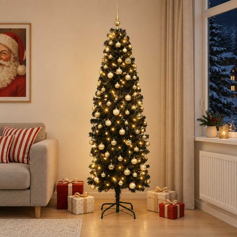 vidaXL Árbol de Navidad artificial estrecho con bolas 210 cm 300 LED (1/5)