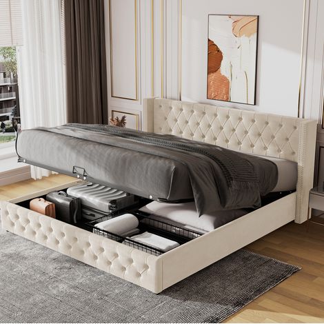 Letto matrimoniale contenitore in velluto beige 180x200 DESVIAE (1/5)