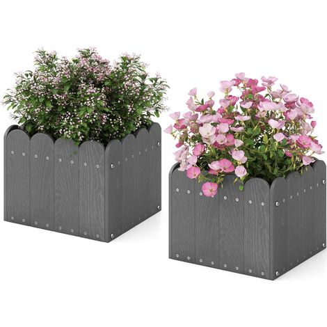 COSTWAY Set di 2 Fioriere Quadrate, Aiuola Rialzata in HDPE Resistente alle Intemperie con Aperture di Drenaggio, Letto Rialzato per Verdure, Fiori e Frutta per Giardino e Balcone (Grigio) (1/5)