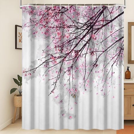 Rideau de Douche Printemps Rideau de Douche Fleurs de Cerisier Prunier Rouge Peinture à l'encre de Chine Orientale Rideau de Douche Tissu imperméable et Lavable en Machine 180x240cm (1/5)