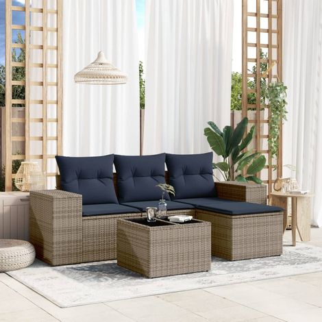 5-teiliges Gartensofa-Set mit Kissen, grau, Polyrattan
