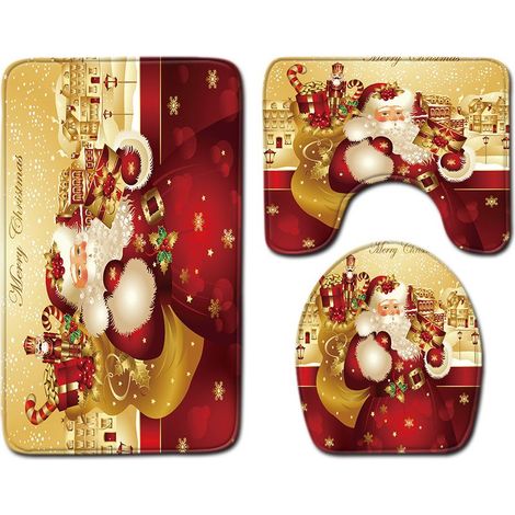 Tapis contour WC Lot de 3 tapis de salle de bain antidérapants avec imprimé Père Noël - Super absorption d'eau - Tapis de bain doux pour salle de bain, chambre à coucher, cuisine, toilettes et baignoi