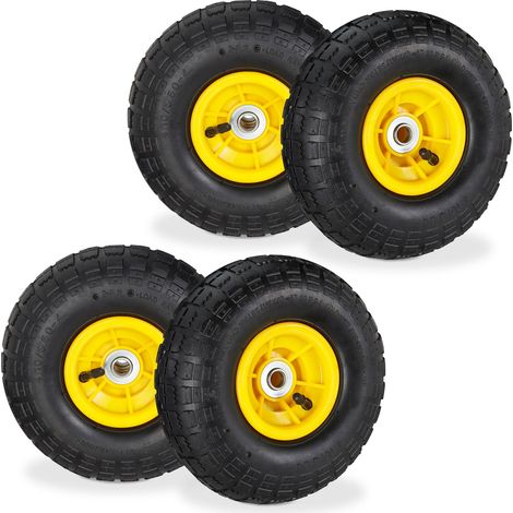 Relaxdays Set of 4 Wheelbarrow Tyres, 4.1/3.5-4, Pneumatic Spare Wheel, 16 mm Axle, Supports up to 136 kg, Black/Yellow (1/5)