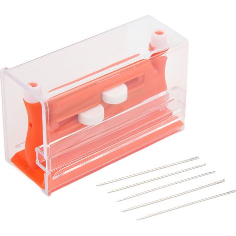 Enfile-aiguille double trou multifonction en plastique orange pour broderie, dimensions 2.6x4.4x7.2cm (1/5)
