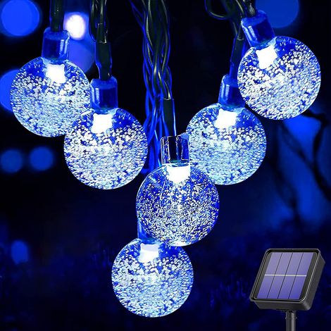 Guirnalda de 50 luces LED solares para exteriores, 7 m (23 pies) con bolas de cristal y 8 modos de iluminación, resistente al agua, decorativa, para patio, jardín o fiesta (azul). (1/5)