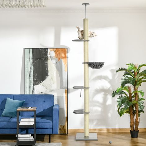 Árbol rascador para gatos PawHut con hamaca, incluye tensor de techo, altura del techo: 40 cm x 40 cm x 250 cm, color gris y blanco crema. (1/5)