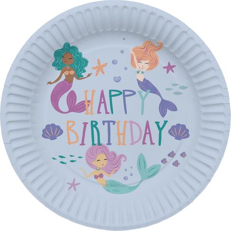 Décoration d'anniversaire Bleue avec paillettes Irisé-Assiettes-23 cm-8 pièces-Vaisselle Sirène Fille Princesse Mer Fête, 23927, Bleu (1/4)