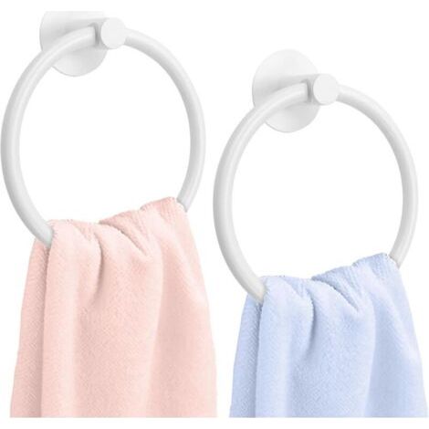 Pair Lot de 2 porte-serviettes blancs, anneaux porte-serviettes en aluminium noir, 16,5 cm, fixation murale adhésive 3M pour cuisine et salle de bain (1/5)
