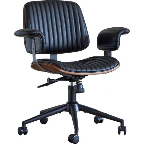 Silla de oficina de cuero negro con ruedas, base metálica y brazos de madera, giratoria (1/5)