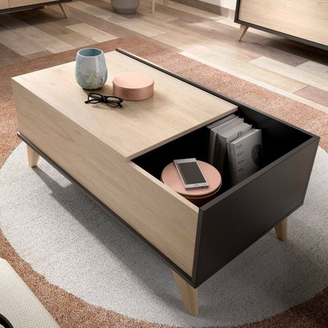mesa de centro\ da salotto Cuna, Porta riviste da soggiorno con vano portaoggetti, Tavolo basso da caffè elevabile, 99x60h41 cm, Antracite e Rovere (1/5)