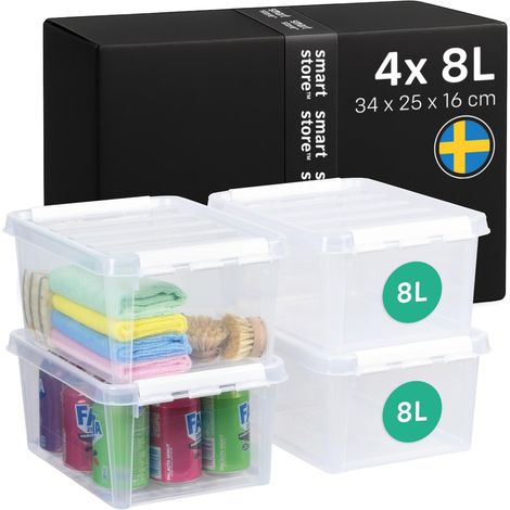 SmartStore Scatole di stoccaggio in plastica da 8L con coperchi- Set di 4 - Impilabili e Sovrapponibili - Garanzia di 10 Anni - Sicure per Alimenti - Chiusura con Clip - L34 x P25 x A16cm