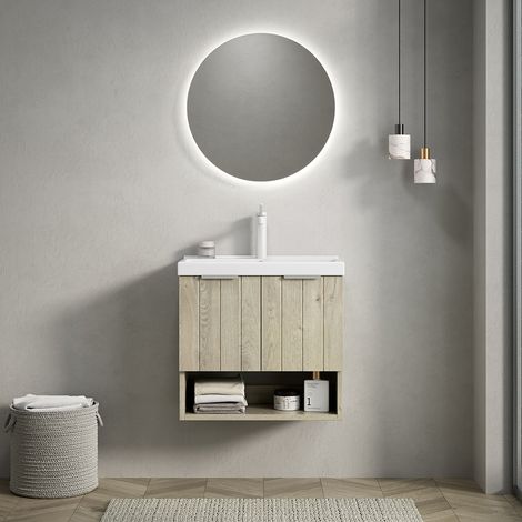 Meuble lavabo mural avec vasque en céramique blanche/meuble à double portes rayées + étagère ouverte - Chêne crème - 55 cm (1/5)