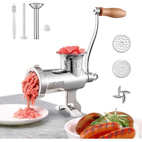 Hachoir à Viande Manuel en Inox Alimentaire Hachoir Manuel à Manivelle 2 Plaques de Broyage 5 mm 8 mm Poussoir à Saucisses avec Tube Fixation Serre-Joint Couper Viande Légumes Noix Boucheries (1/5)