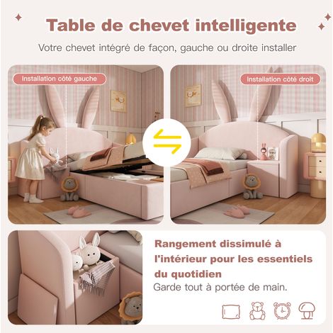 Cama 90x190 cm de terciopelo rosa con mesita y almacenaje, ahorra espacio, sin colchón – MEUBLIV (1/5)