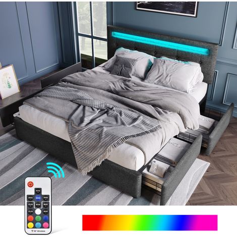 Cama tapizada 140x200 cm de lino gris con LED y 4 cajones, para guardar, sin colchón – MEUBLIV (1/5)