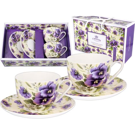 Service de 2 tasses avec soucoupes, motif pensées, en porcelaine, IDÉE CADEAU (1/4)