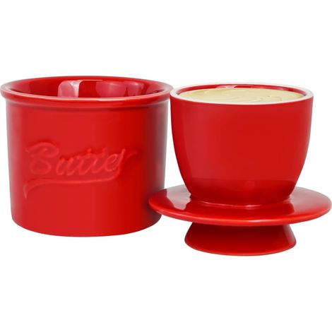 Beurrier français en céramique avec couvercle et réservoir d'eau pour conserver le beurre sur le comptoir couleur rouge format moyen (1/5)