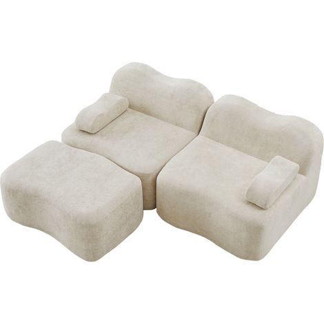 Canapé modulaire sans armature 2 places en L avec 1 ottoman, forme ondulée, coussin d’accoudoir mobile, pour salon et appartement, aucun montage requis, beige (1/5)