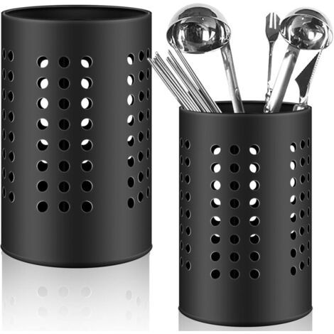 Lot de 2 porte-ustensiles de cuisine noirs - 18 x 12 cm et 16 x 10 cm - Égouttoir à couverts - Organisateur d'ustensiles de cuisine en acier inoxydable - Porte-cuillère de cuisine rond (1/5)