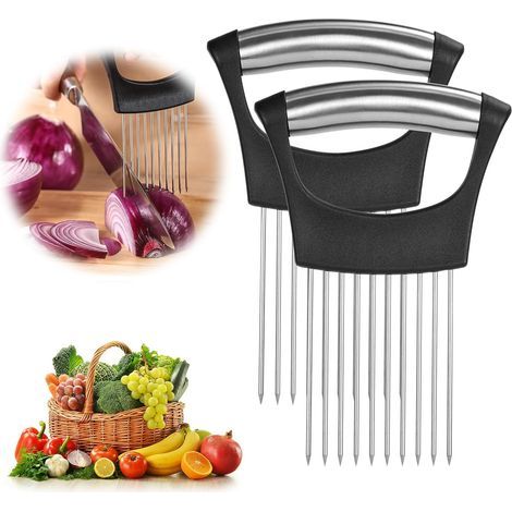2pcs Stainless Steel Onion Holder for Slicing, Kitchen Gadgets, Vegetable Cutter for Cucumber, Onion, Tomato, Cutting Aid Tool for Meat, Fruit, Avocado (1/5)
