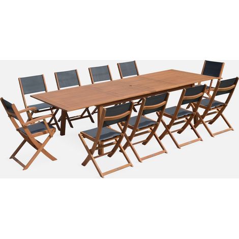 Mesa de jardín extensible de madera + 10 sillas