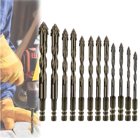 Lot de 12 forets excentriques avec 4 tranchants - Foret dentelé à quatre tranchants avec tige hexagonale de 1/4"