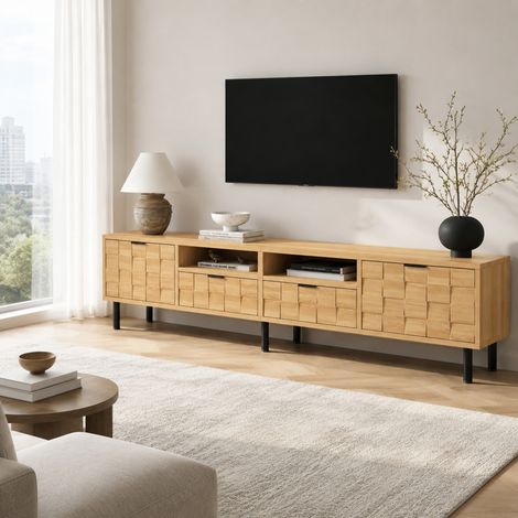 Mueble TV bajo 200x35x44,5 cm con 2 cajones y 2 puertas, decorado 3D, MDF y paneles, natural (1/5)