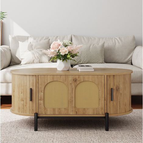 Tavolino basso ovale con vano contenitore, ante scorrevoli, stile rattan, MDF, naturale HAVRYA (1/5)