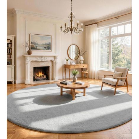 Tapis Salon Rond 90 cm Gris Lavable Moderne à Poils Courts (1/5)