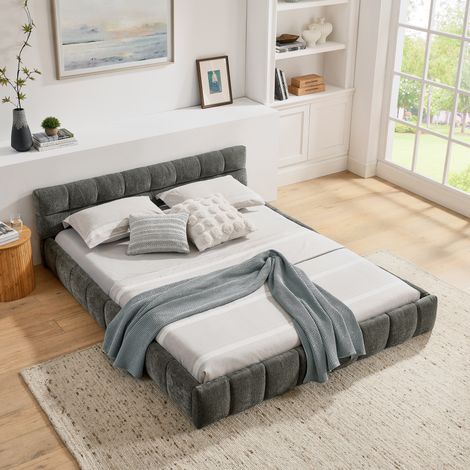 Lit double 160x200 cm en chenille gris foncé, tête de lit capitonnée, bois d'eucalyptus et fer (1/5)