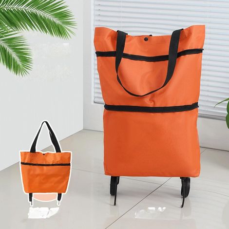 1 sac de courses pliable à roulettes, petit chariot de courses portable, orange. (1/5)