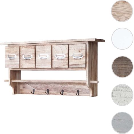 Portemanteau mural, étagère 5 tiroirs, 65x13x32cm, shabby chic, vintage - gris