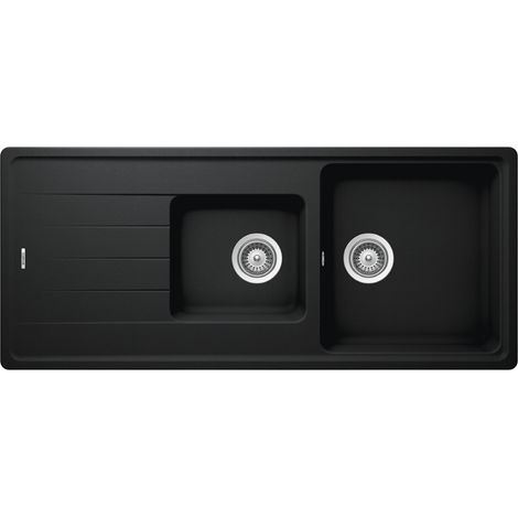 Schock – Évier granit noir 2 bacs 1 égouttoir – Pose à encastrer – Bonde et siphon inclus – Réversible – Dimensions 1160x500mm
