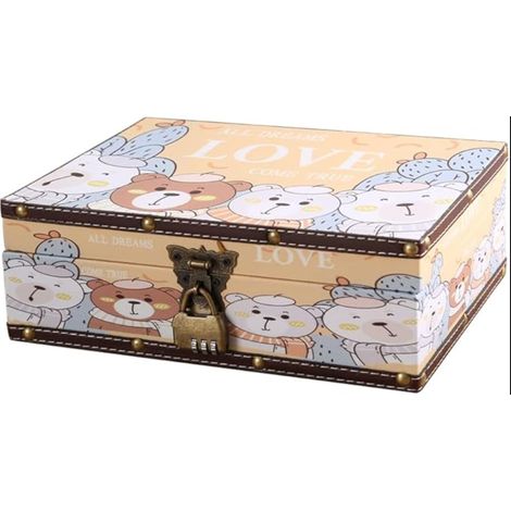 Coffre au trésor bois cuir couvercle serrure Boîte rangement bijoux filles femmes chambre enfant décoration intérieur motif ours (1/5)