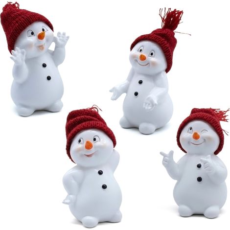 Kunststein Schneemann Figur 13 cm mit roter Strickmütze - 4er Set - Polyresin Dekofigur zum Hinstellen