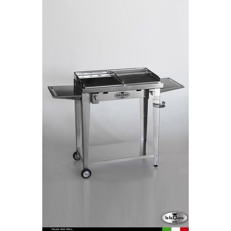Grill 8.4 Inox Piastra mista - Con portapiatti - Senza paraschizzi - Con kit mensola e ruote - Satinato - barbecue, griglia, giardino, carne, a gas, acciaio made in Italy