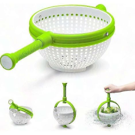 Essoreuse à salade pratique - passoire rotative en nylon anti-rayures - séchoir à légumes verts et blancs - poignée pliable pour usage quotidien (1/5)