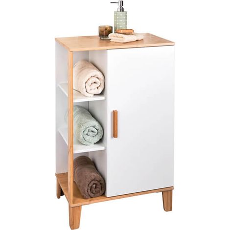 Showerdrape Varallo White & Bamboo Bathroom Floor Cabinet with Display Shelves (1/5)