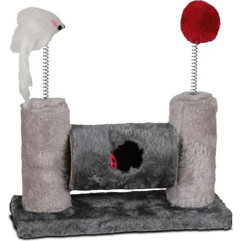 Jeu, grattoir pour chat - JUANIO - Niche 2 poteaux - Gris - 25x10x24 cm - Panneau de particules/peluche (1/2)