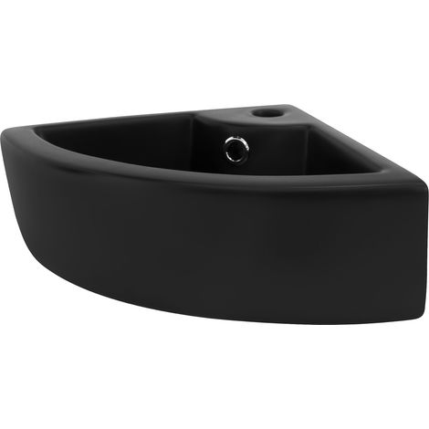 ML-Design Lavabo Esquinero de Cerámica 46 x 33 x 13 cm Negro con Rebosadero Fregadero Angular de Pared o Sobre Encimera Pila de Diseño Moderno Lavamanos para Baño o Aseo con Agujero para Grifo