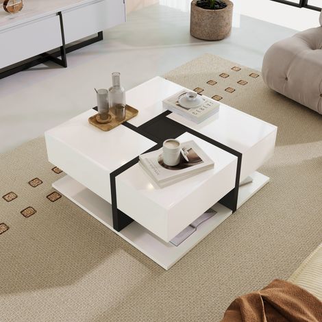 Table basse carrée laquée design moderne avec 4 tiroirs et plateau inférieur de rangement, meuble de salon élégant et fonctionnel, 78 x 78 x 34,8 cm - blanc+noir (1/5)