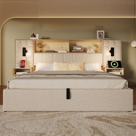 Lit Plateforme 160x200cm - Rangement Hydraulique - Tissu Lin - Lampes USB/Type-C - Capacit茅 200kg - Beige (1/5)